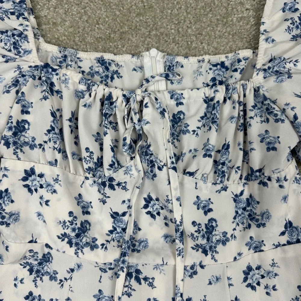 Blue Floral Toile Milkmaid Midi Dress Puff Sleeve Cottagecore Side Slit Medium
